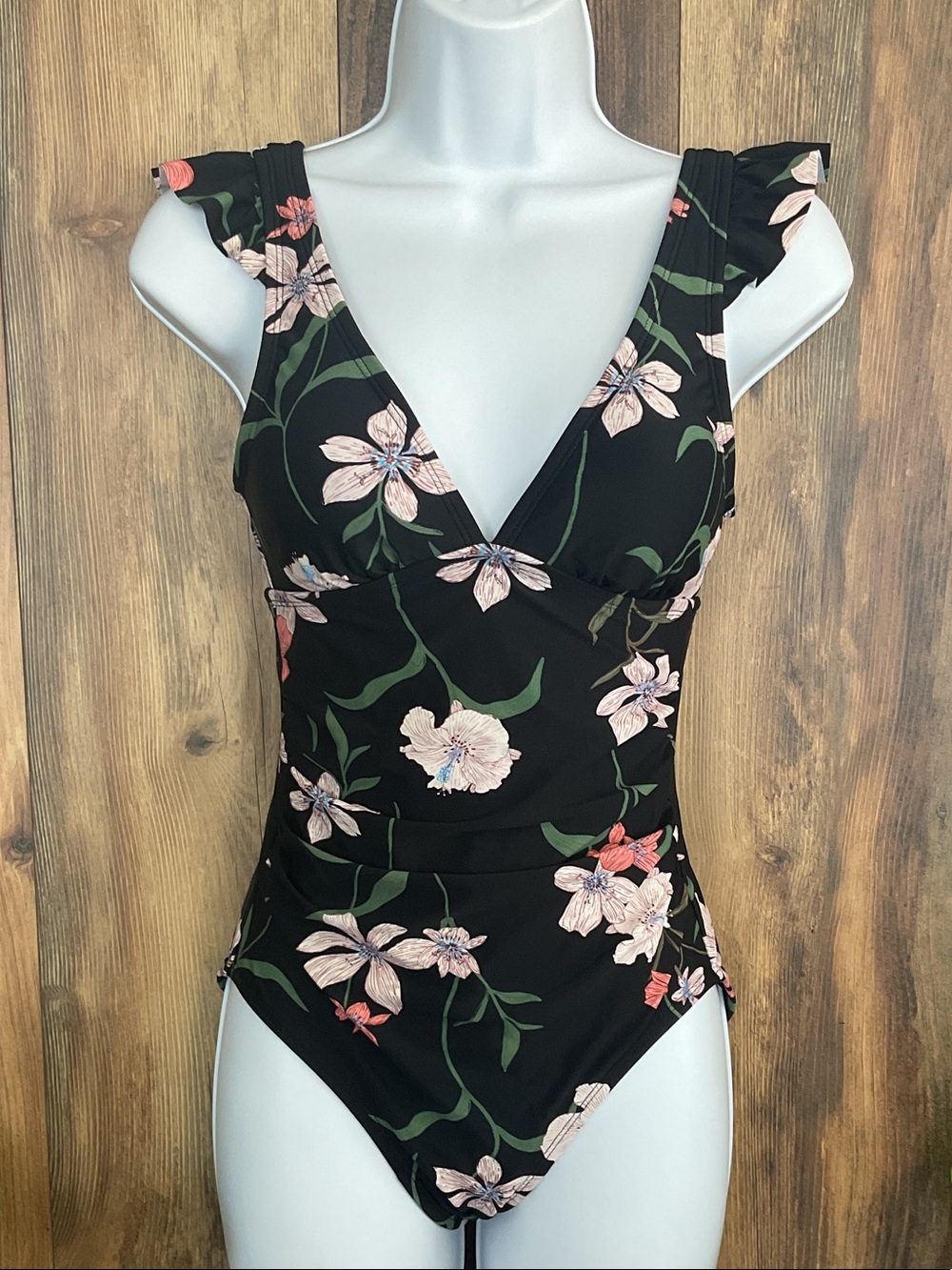 Shade & Shore Black Floral One-Piece Swimsuit with Pink Blossoms XS NWT